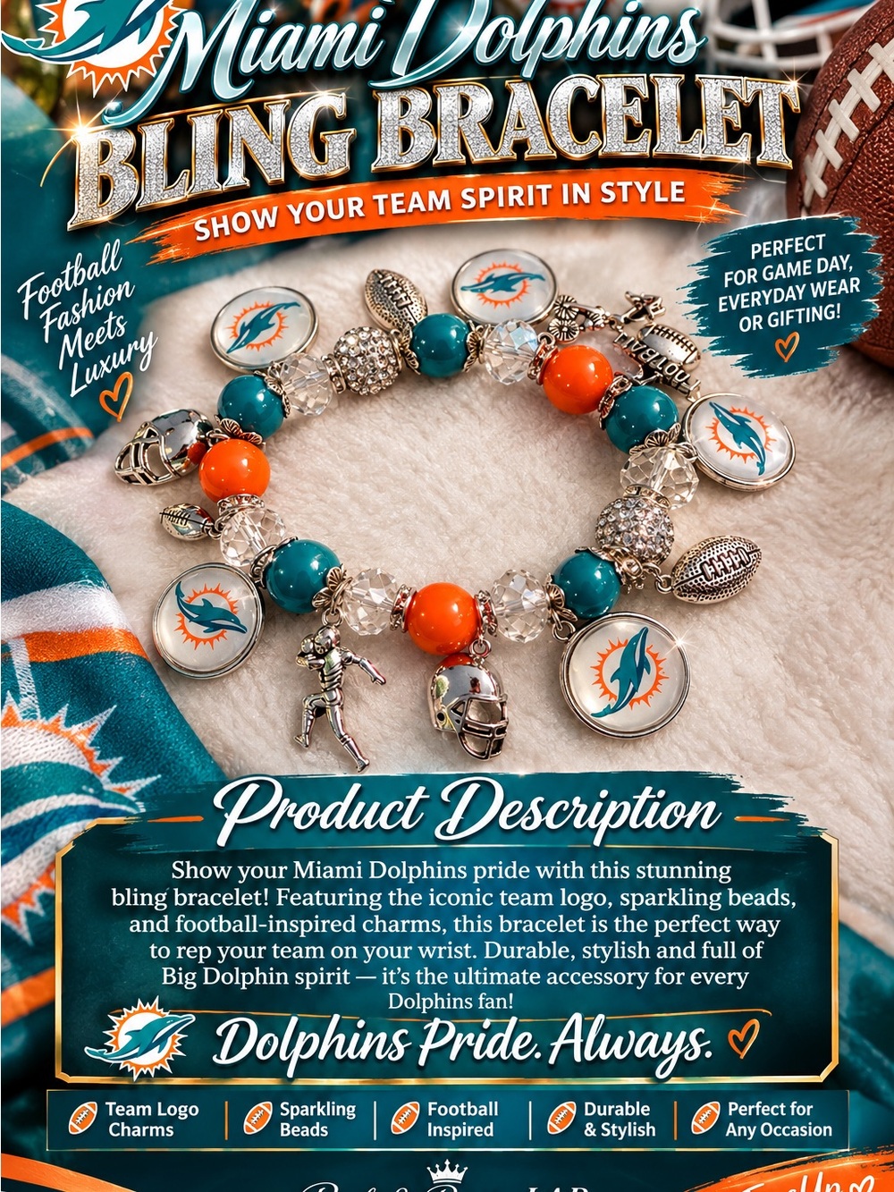 Miami Dolphins Bling Bracelet - Teal & Orange Team Charm Bracelet